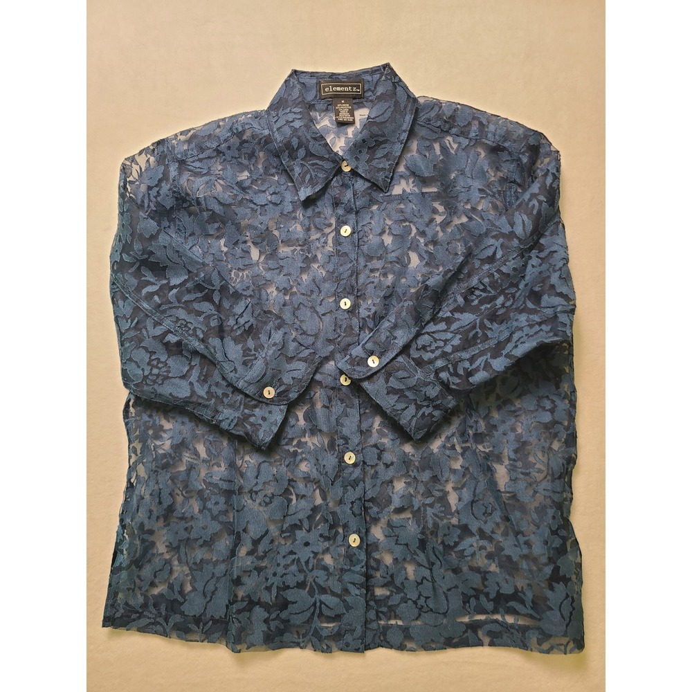 Elementz M Button Down Shirt Linen Blend Floral Sheer Lace Navy Blue Coastal